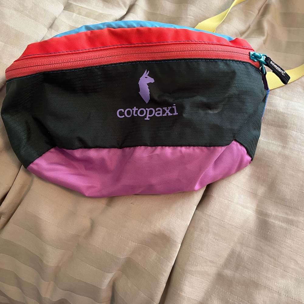 cotopaxi black pink red blue yellow colorblock crossbody hip pack